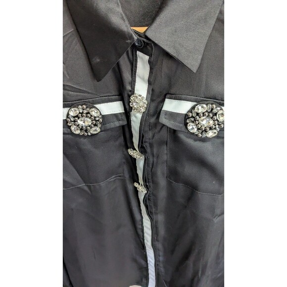 Beulah Black Satin Blouse white Grosgain trim with Rhinestone Buttons L - Picture 6 of 8